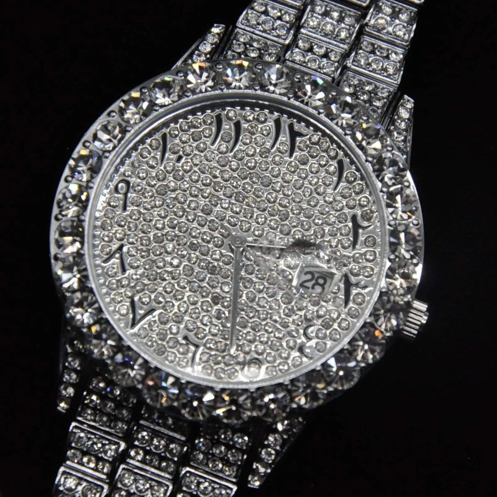 Arabic Dial Diamond Simulant Watch - Silver