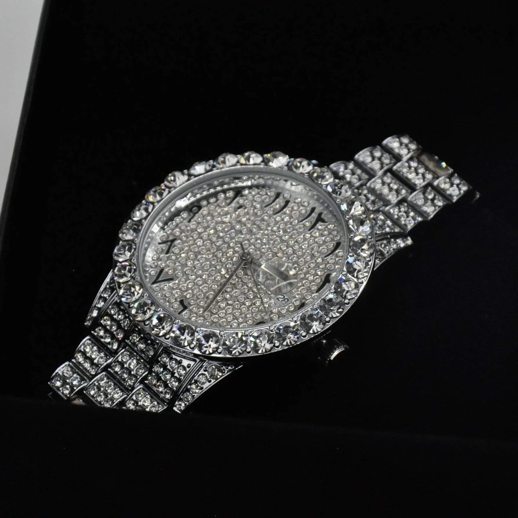 Arabic Dial Diamond Simulant Watch - Silver