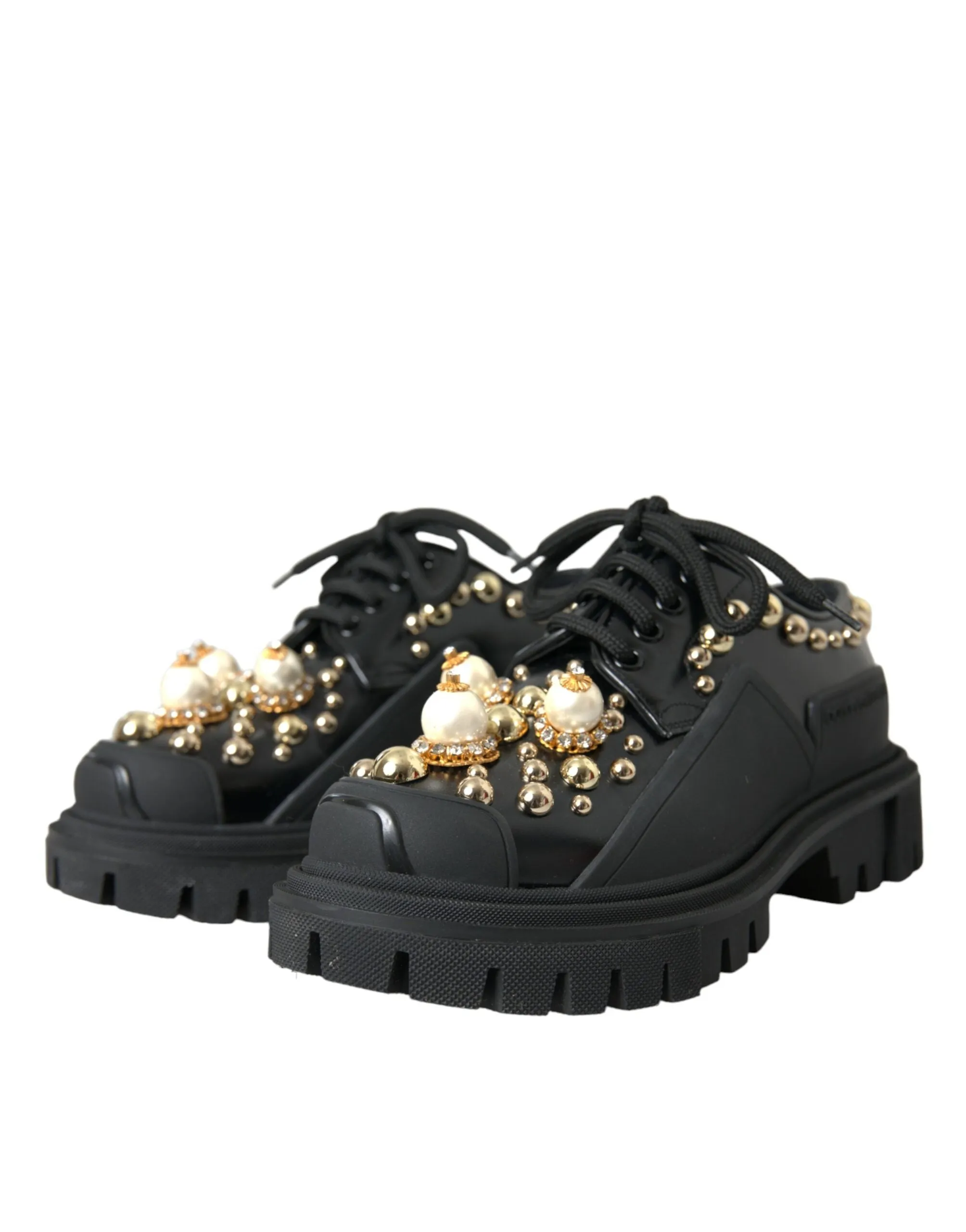 Black Leather Trekking Derby Embellished Shoes