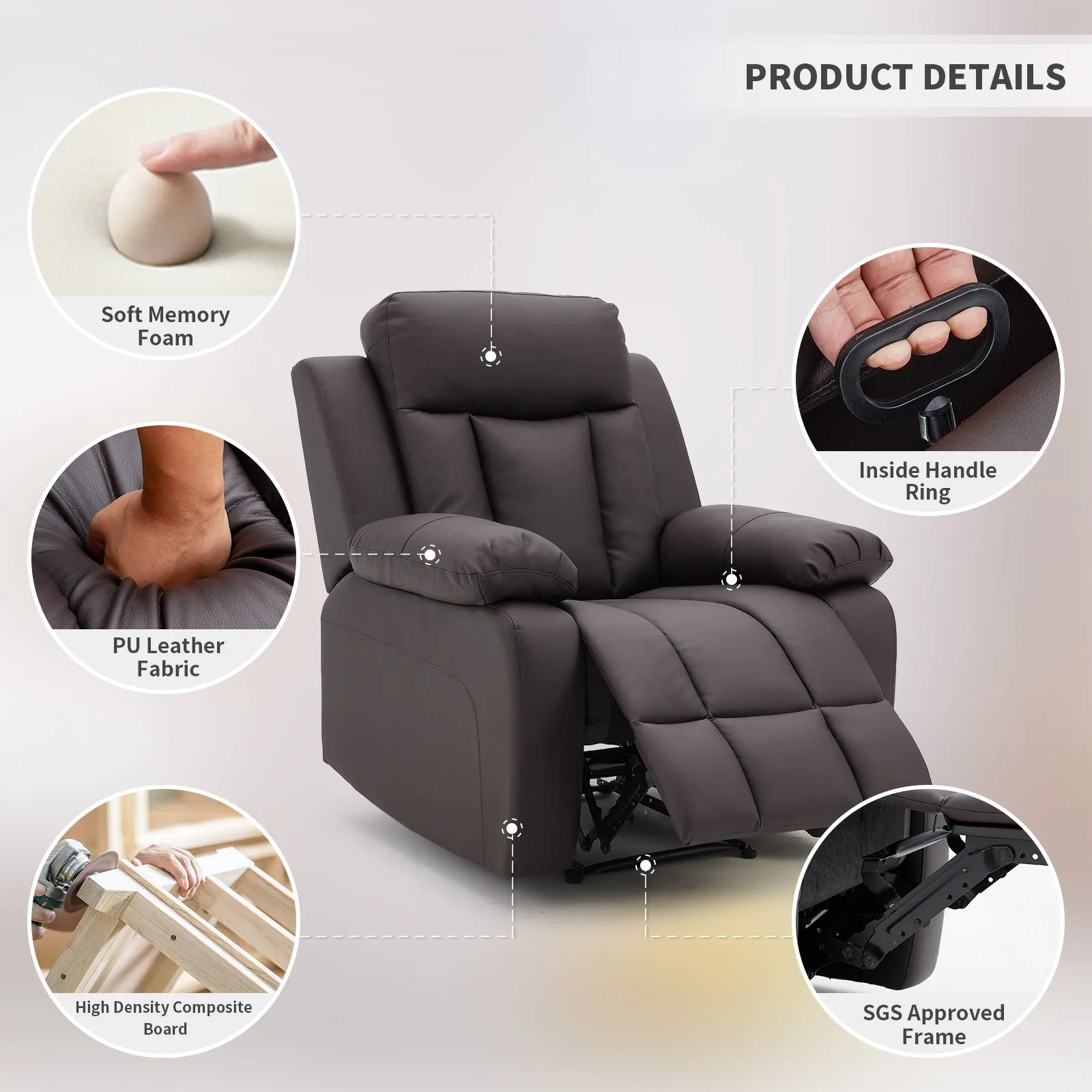 Breathable Leather Fabric Recliner Chair with PU Padded Seat Backrest, Dark Brown