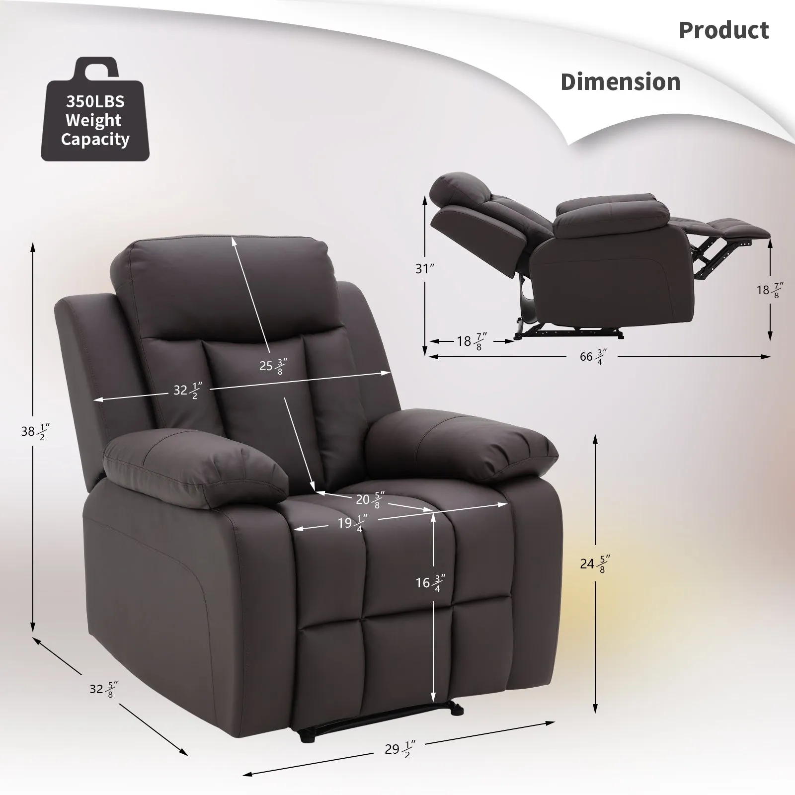 Breathable Leather Fabric Recliner Chair with PU Padded Seat Backrest, Dark Brown