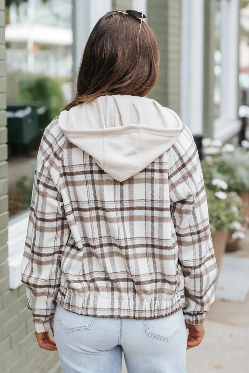 Brown Plaid Hooded Zip Up Jacket - FINAL SALE