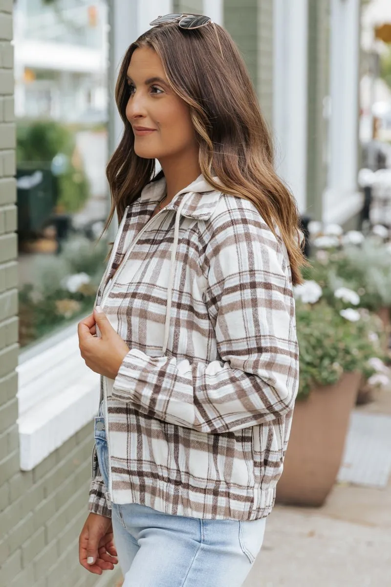 Brown Plaid Hooded Zip Up Jacket - FINAL SALE