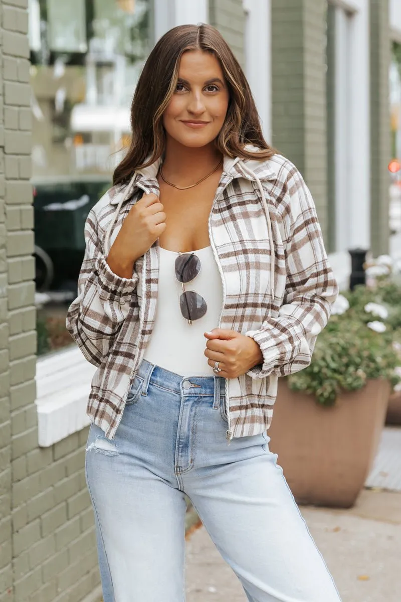 Brown Plaid Hooded Zip Up Jacket - FINAL SALE