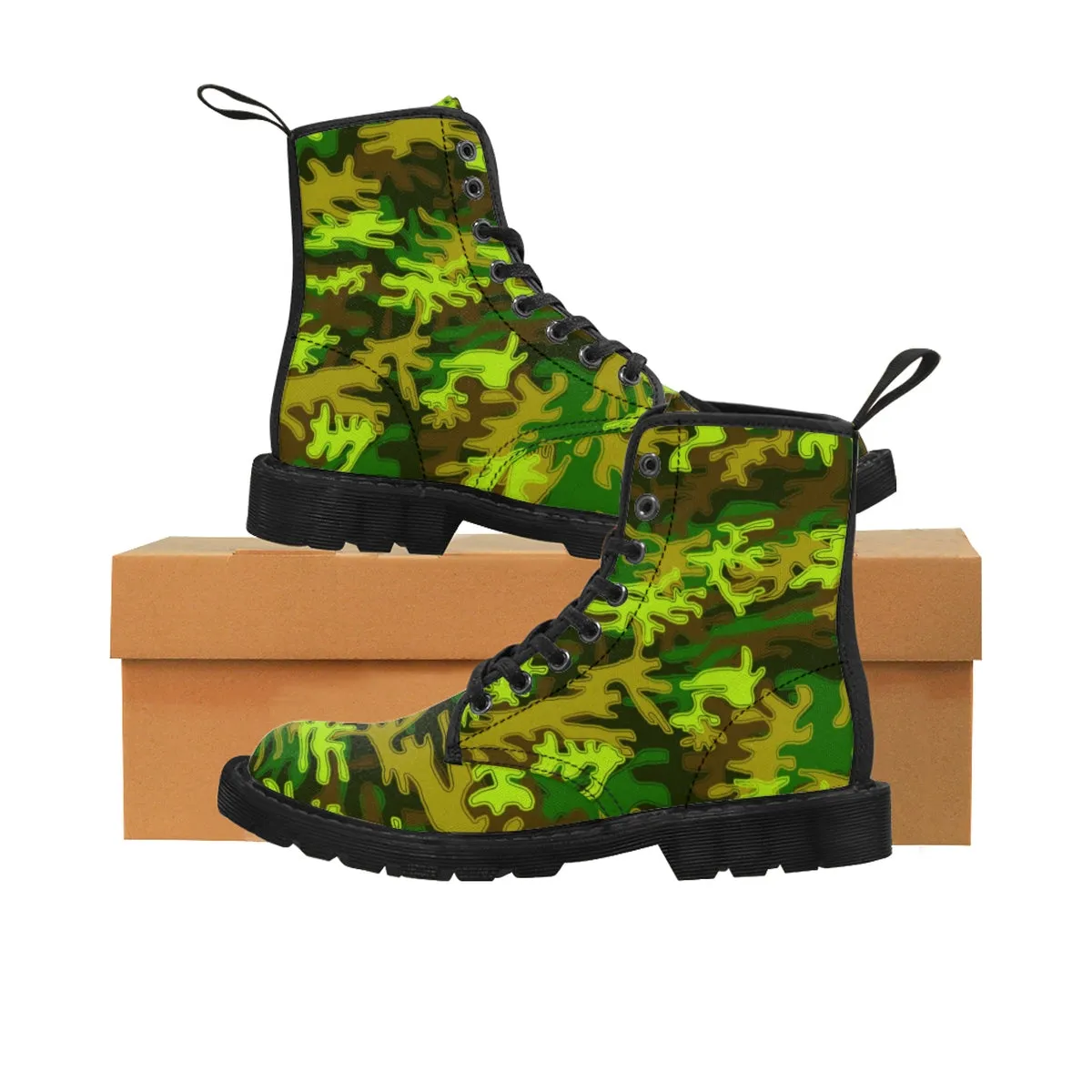 Green Camo Men's Boots, Bright Camouflage Military Army Canvas Winter Laced Up Boots (US Size: 7-10.5)