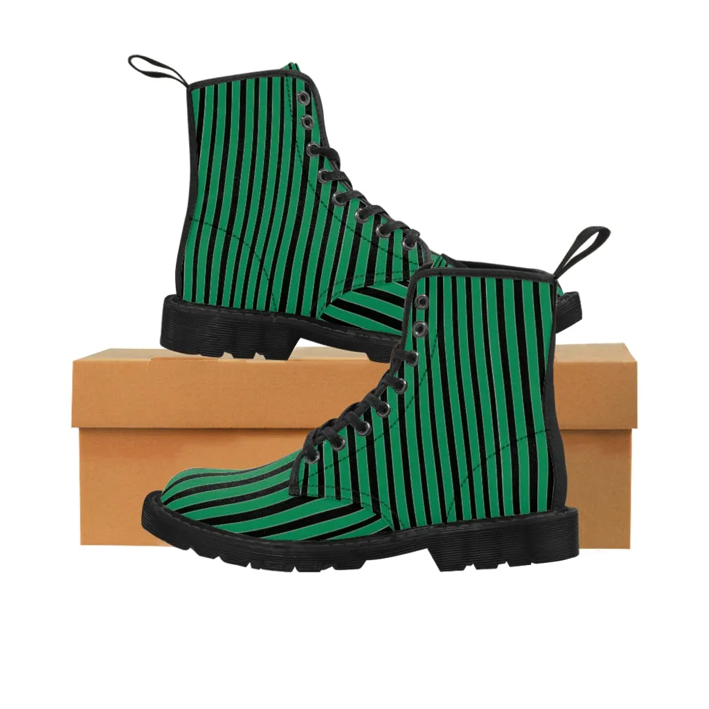 Green Striped Print Men's Boots, Black Stripes Best Hiking Winter Boots Laced Up Designer Shoes For Men