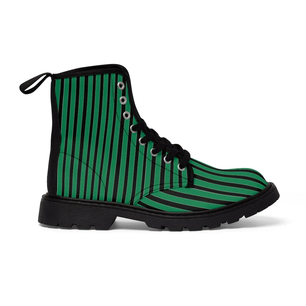 Green Striped Print Men's Boots, Black Stripes Best Hiking Winter Boots Laced Up Designer Shoes For Men