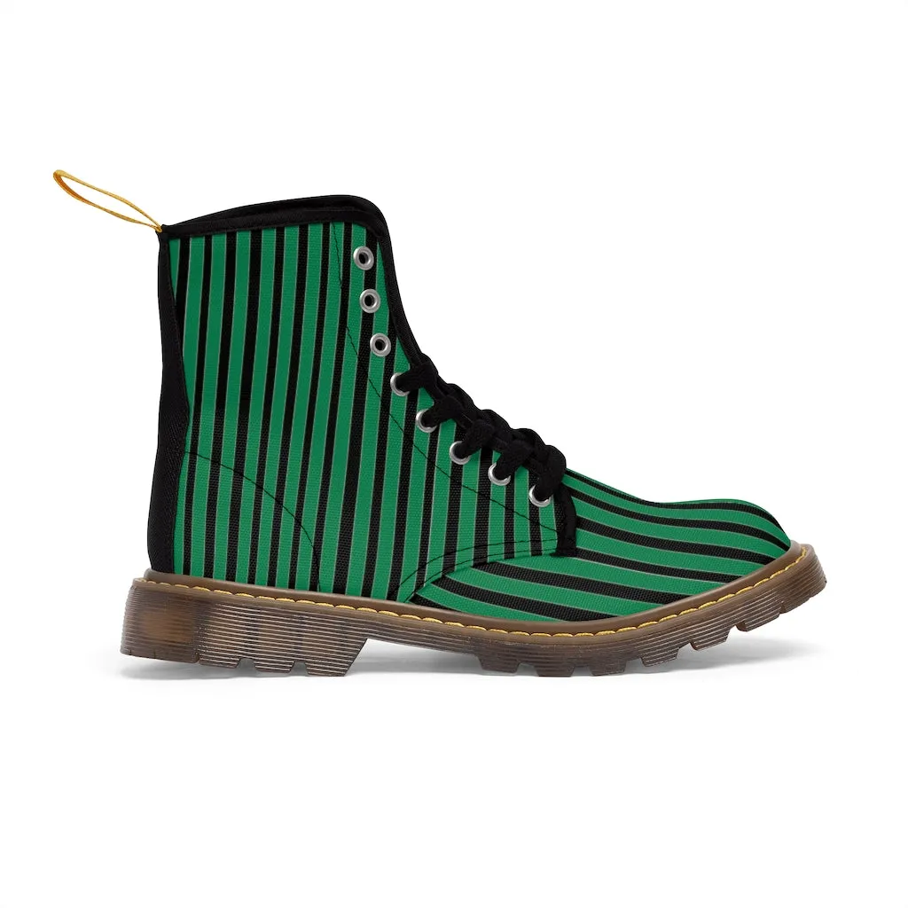 Green Striped Print Men's Boots, Black Stripes Best Hiking Winter Boots Laced Up Designer Shoes For Men