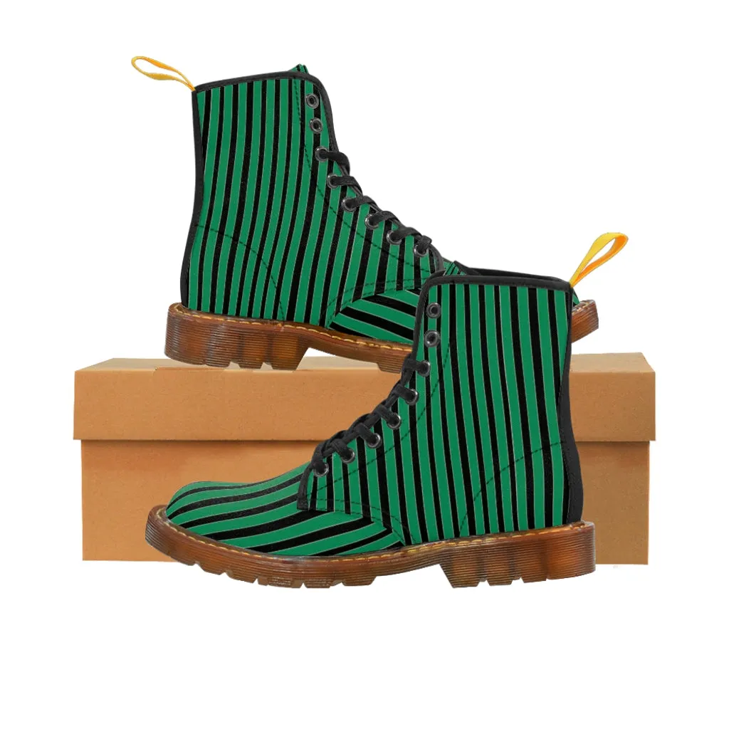 Green Striped Print Men's Boots, Black Stripes Best Hiking Winter Boots Laced Up Designer Shoes For Men