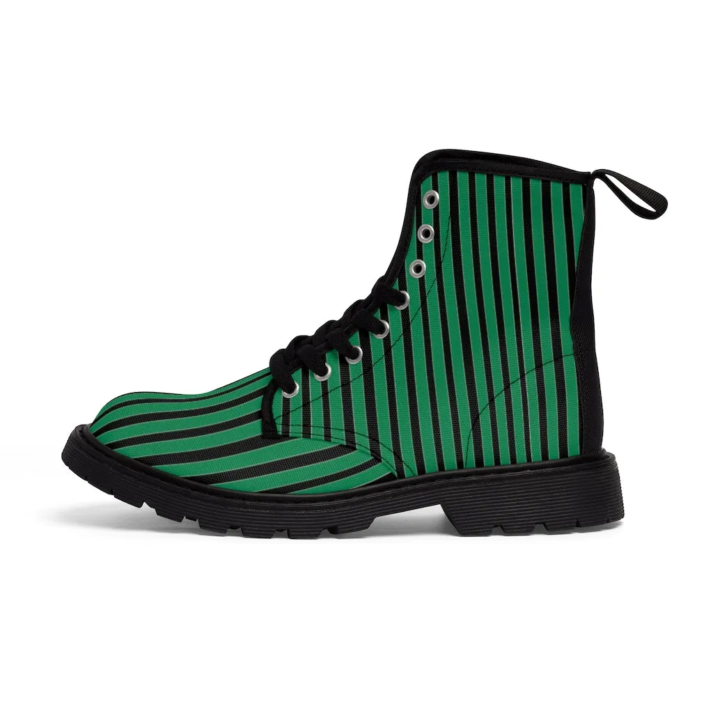 Green Striped Print Men's Boots, Black Stripes Best Hiking Winter Boots Laced Up Designer Shoes For Men