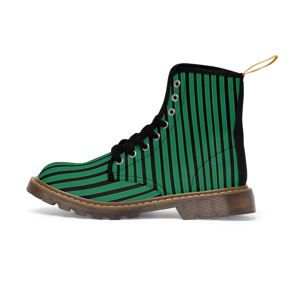 Green Striped Print Men's Boots, Black Stripes Best Hiking Winter Boots Laced Up Designer Shoes For Men