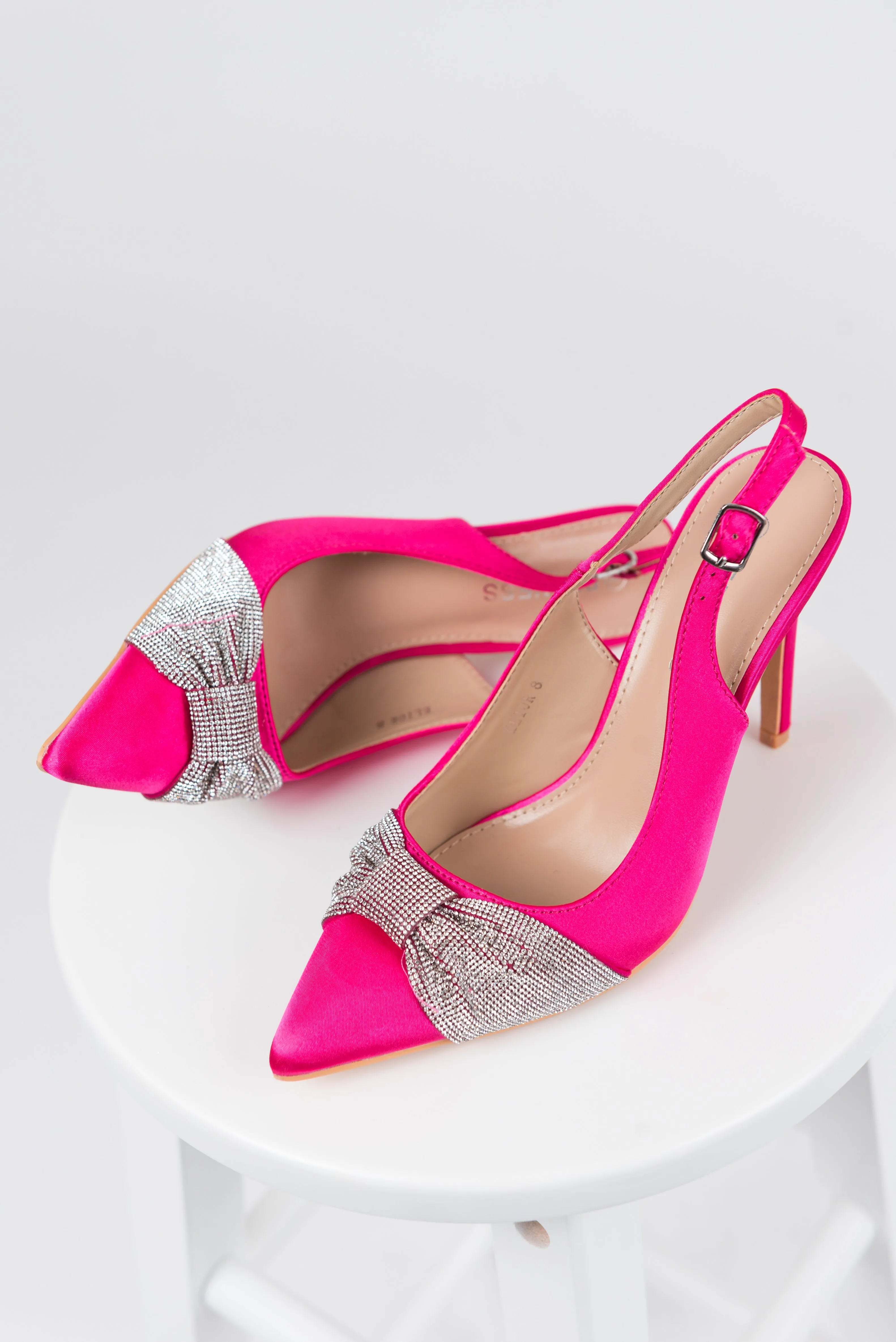 Magenta Rhinestone Bow Satin Pointed Toe Heels