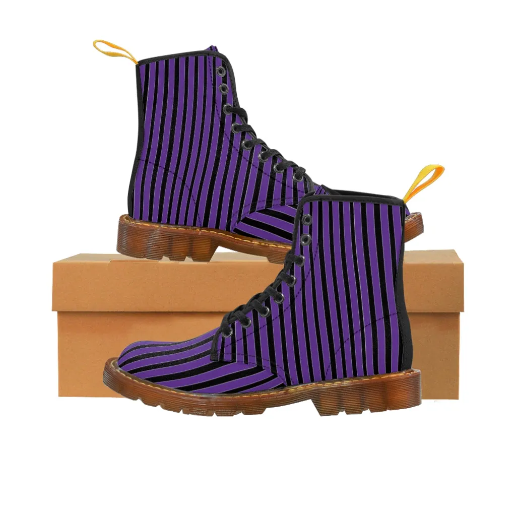 Purple Striped Print Men's Boots, Black Stripes Best Hiking Winter Boots Laced Up Shoes For Men