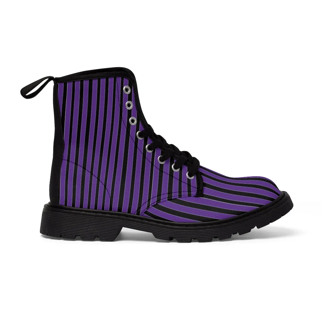 Purple Striped Print Men's Boots, Black Stripes Best Hiking Winter Boots Laced Up Shoes For Men