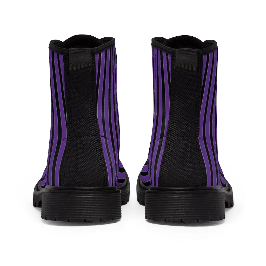 Purple Striped Print Men's Boots, Black Stripes Best Hiking Winter Boots Laced Up Shoes For Men