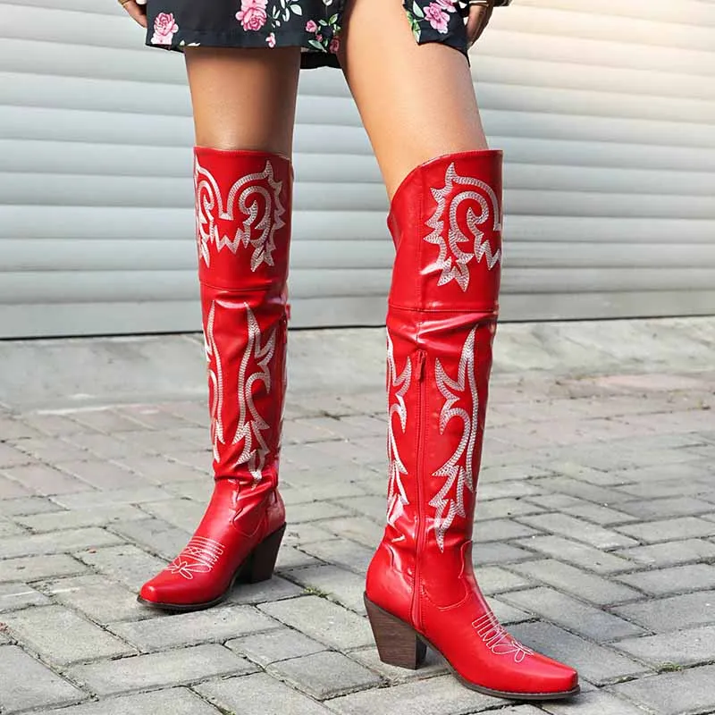 Western Cowboy Boots For Women Over Knee Chunky Cowgirl Boots with Embroidered